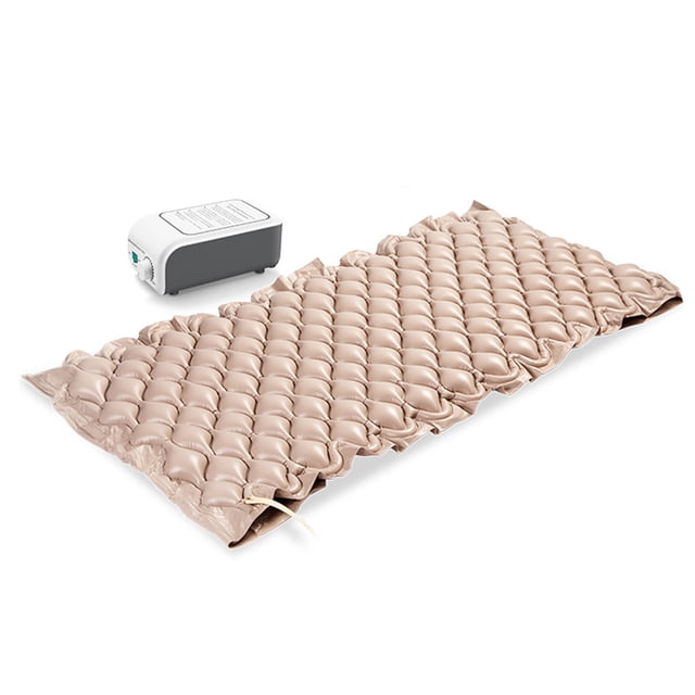 Anti-decubitus Inflatable Air Mattress with low noise air pump, designed for elderly nursing care and camping use. Features 135 spherical airbags made of breathable PVC material, alternately inflated and ventilated to prevent bedsores and promote blood circulation. Includes adjustable air pressure, seamless design, and extended head and tail for stability. Dimensions: 1930 x 880 x 60mm.