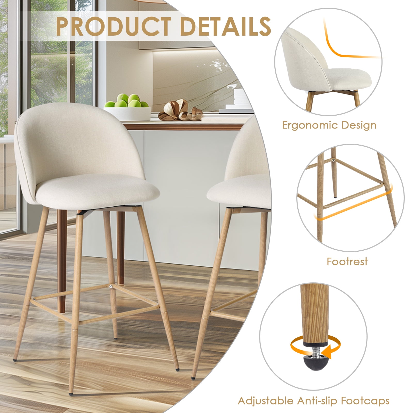 Ensemble de 2 tabourets de bar modernes Homy Casa avec revêtement en tissu et pieds en bois - Hauteur du siège : 66 cm