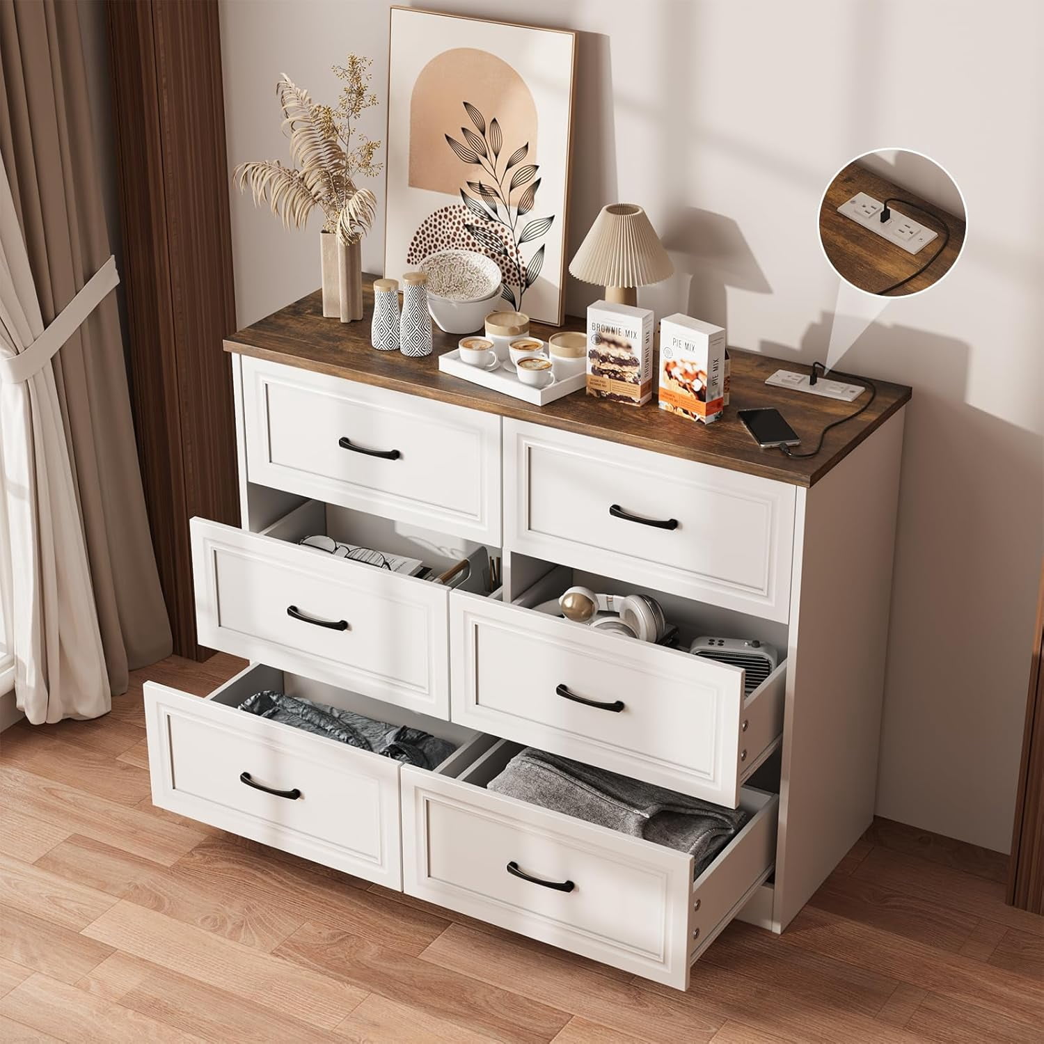 VEANERWOOD 6 Drawers Dresser with Charging Station for Bedroom, Wood Chest of Drawers, Farmhouse