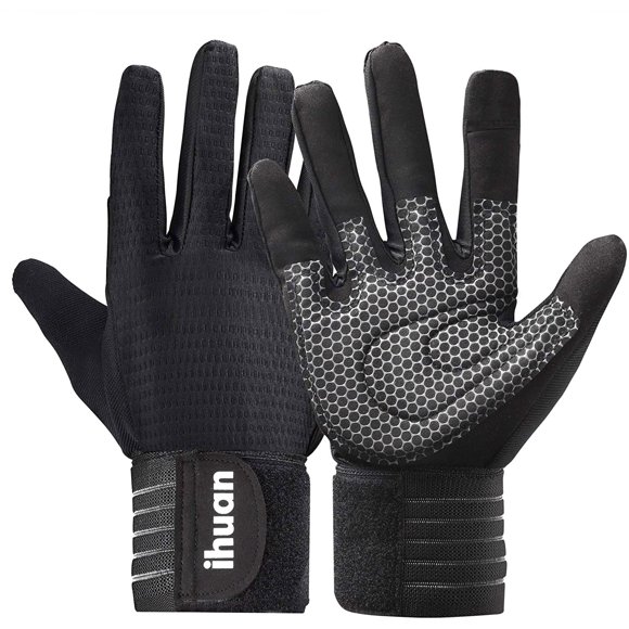 ihuan Weight Lifting Gym Workout Gloves Full Finger with Wrist Wrap Support for Men & Women Full Palm Protection for Weightlifting Training Fitness Hanging Pull ups