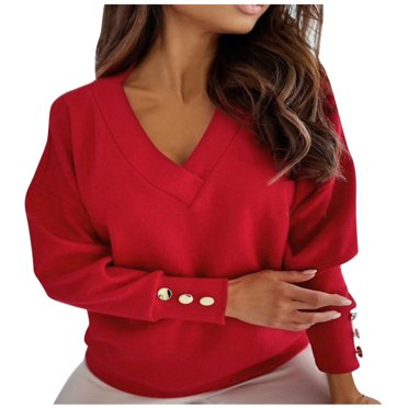 Women Sweaters Clearance Sale Ladies Casual Loose Solid Color Buttons V-neck Long-Sleeved Sweater Women
