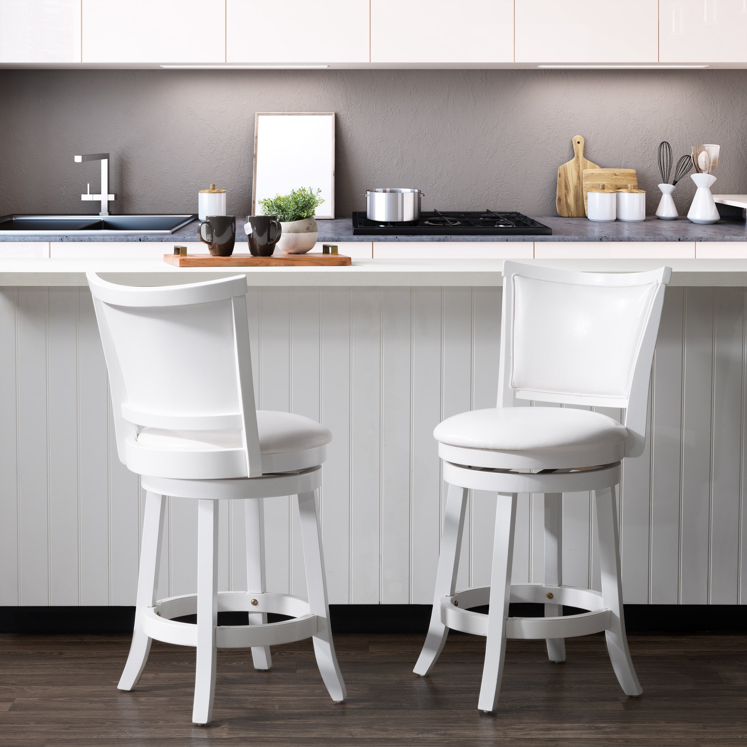 CorLiving Wesley Solid Wood Swivel Counter Height Indoor Barstools with Faux Leather Upholstered Seat and Back, White (Set of 2)