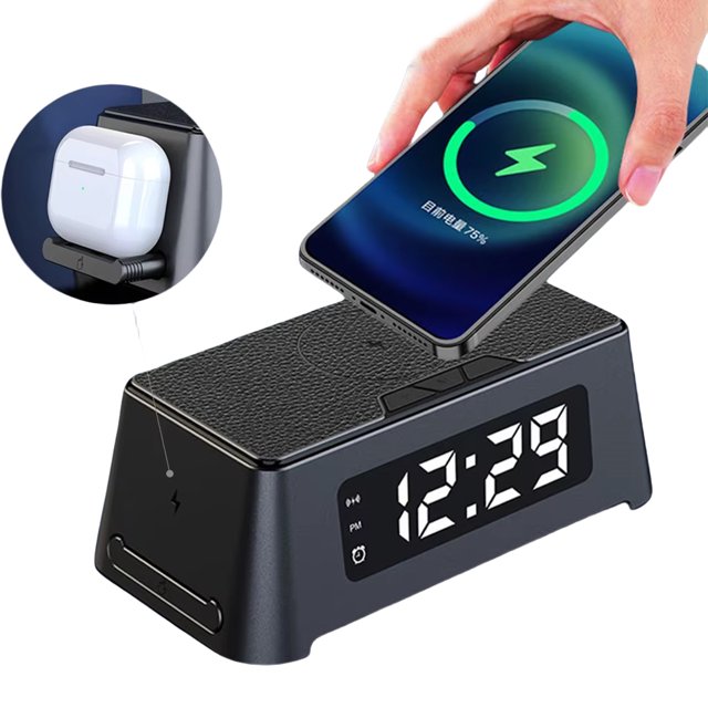 Réveil Chargeur Sans Fil avec Lumière LED et Station d'Accueil de Recharge Rapide 15 W pour IPhone et Samsung