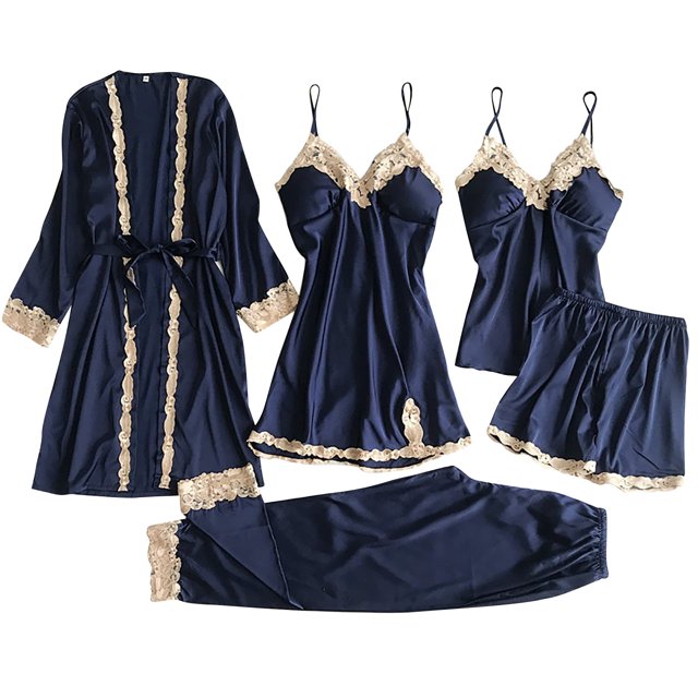 Pxiakgy Pyjamas pour Femmes Ensemble de Pyjamas en Satin 5 Pcs Pyjamas en Soie comme de la Dentelle Pyjamas pour Femmes Bleu + L