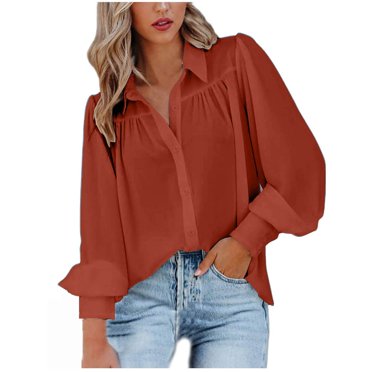 Yuyuzo Womens Business Casual Tops V Neck 3/4 Lantern Sleeve Loose Work Officewear Flowy Blouses