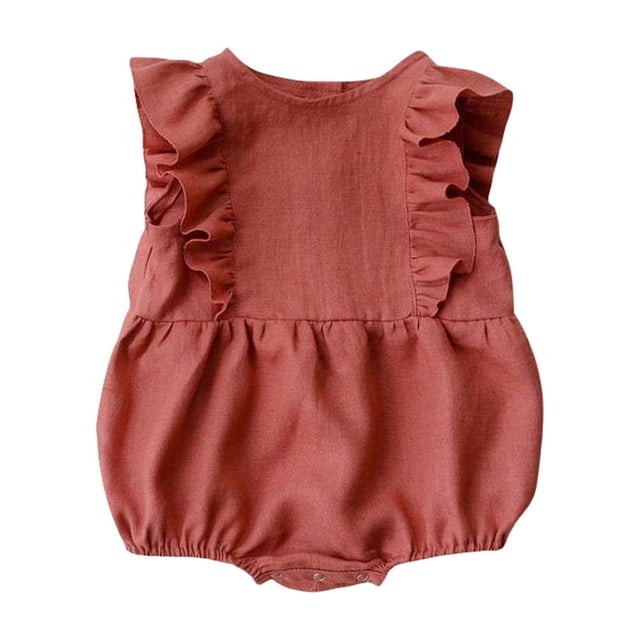 PMVFHDE Combinaison Fille Tout-Petit Bébé Barboteuse Été Volant Sans Manches Col Rond Mignon Combinaison Bébé Doux Coton Lin Combinaison Justaucorps&One-Pieces Rouge,3-6 Mois