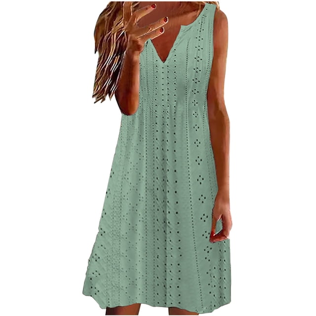 Yuyuzo Robe Bohème pour Femmes à Col en V en Broderie Anglaise Robe Midi de Plage d'Été Décontractée Sans Manches Robes de Vacances