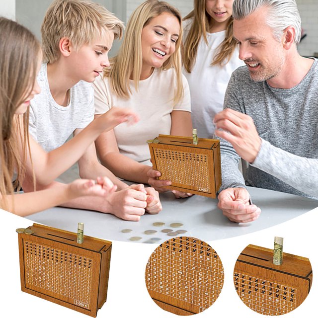Pntutb Home Storage Clearance Home Counter Wooden Piggys Bank, a decorative wooden piggy bank with a savings goal counter grid on the front. Designed for saving money, it is non-openable and features a slot for coins or bills. The image shows the piggy bank in use during a group activity, highlighting its appeal as a novelty toy and money jar. Close-up views display the counter grid and coin slot for easy tracking of savings.