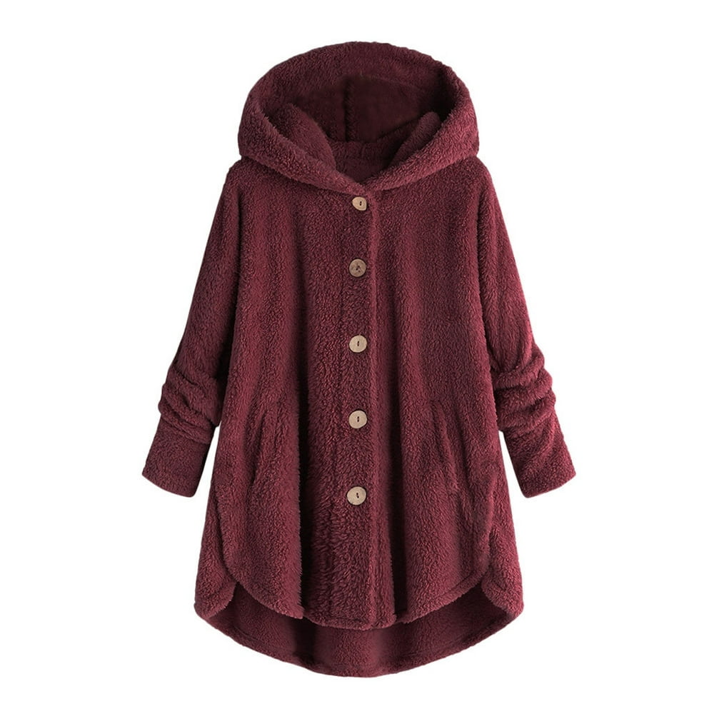 Womens Winter Jacket Plus Size Button Plush Tops Hooded Loose Cardigan Wool Coat Jacket Pink XXXXXL