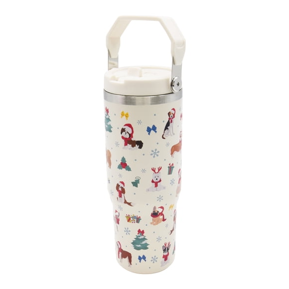 Gobelet isotherme en acier inoxydable Holiday Dogs avec paille à clapet et poignée, blanc crème, par Holiday Time