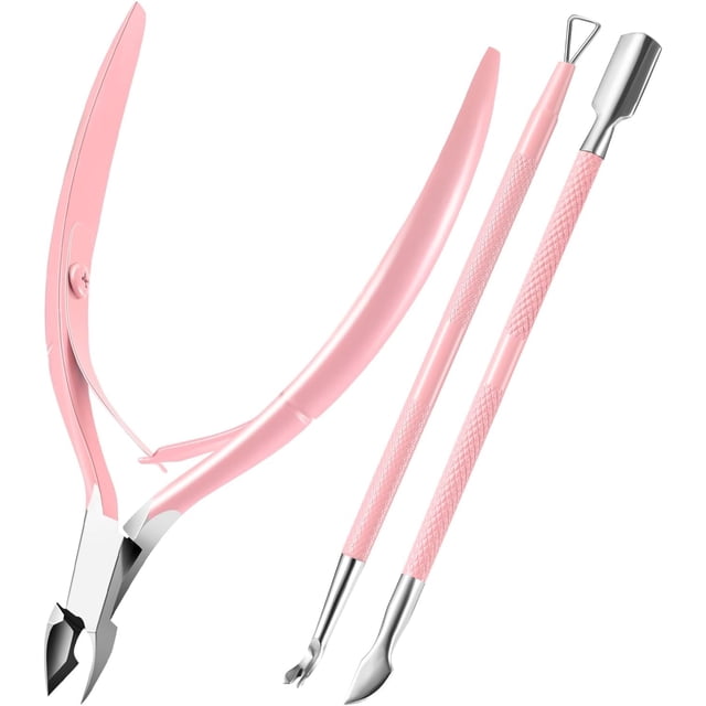 Cuticle Trimmer with Cuticle Pusher, XUNXMAS Cuticle Remover Cutter Nipper Scissor and Triangle Cuticle Nail Pusher Peeler Scraper, Durable Dead Skin Clipper Manicure Pedicure Tools (Pink)