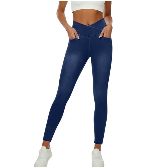 Women's Elastic Waist Pull on Pants, Faux Denim Jeans Slim Fit Trousers, High Waist Comfortable Work Pants with Pockets for Casual Daily Wear