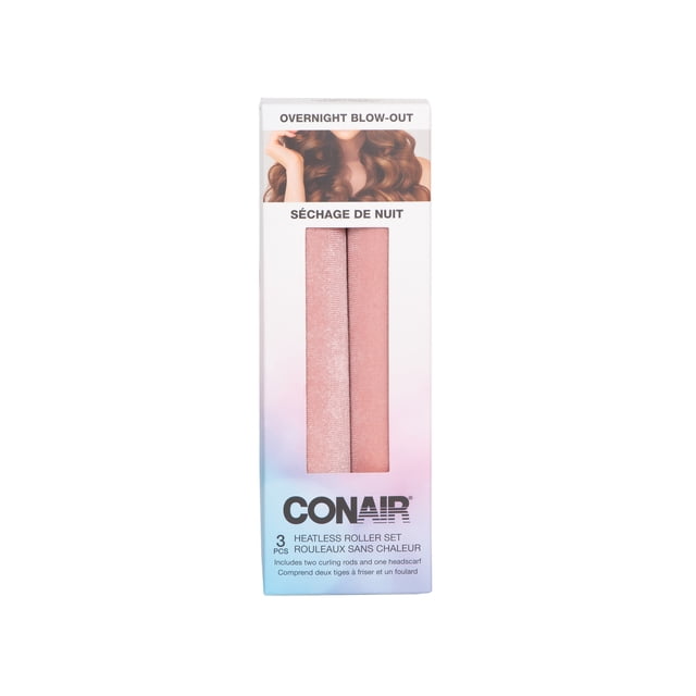 Conair 3 piece Heatless Blowout Set with two pink velvet heatless curling rods and a satin headscarf in packaging, designed for overnight hair styling without heat to achieve gentle curls while protecting hair.
