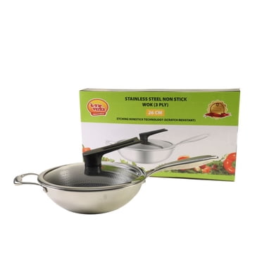 Verka Wok, 26 cm, Wok en acier inoxydable, Wok à induction, Karahi, avec couvercle