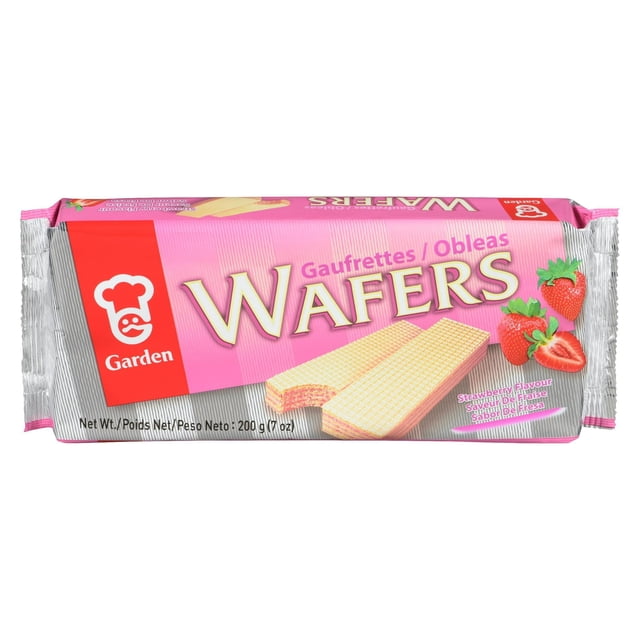 Garden Strawberry Wafers package featuring light and crispy wafer cookies with sweet strawberry-flavored cream filling, 200 g (7 oz). The pink and silver wrapper shows the Garden logo and fresh strawberries, suitable for snacks or dessert.