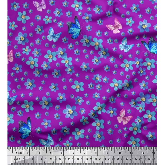 Soimoi Georgette Viscose Fabric Butterfly & Flower Print Fabric by the Yard 42 Inch Wide