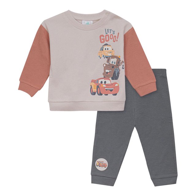 Disney Cars children's jogger set with beige top having rust sleeves and colorful character prints, paired with gray textured pants.