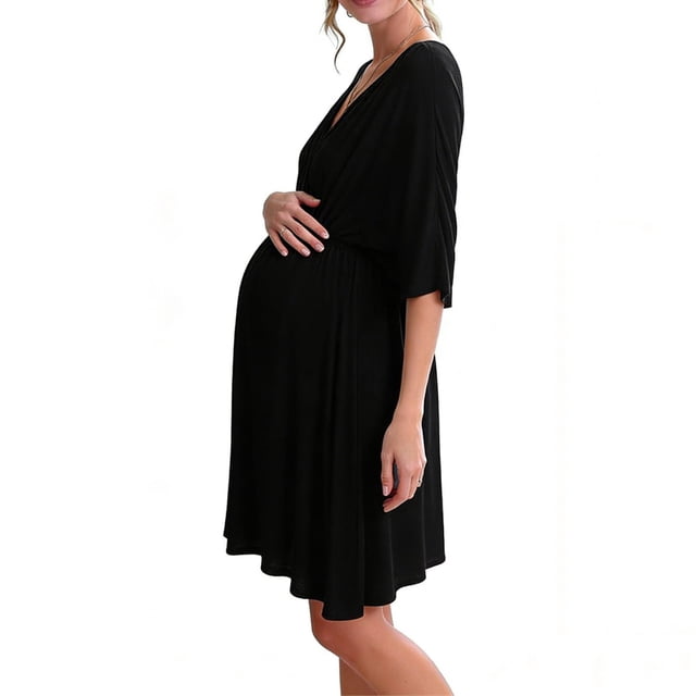 TIMIFIS Maternity Nursing Mini Dress Summer 3/4 Sleeve Breastfeeding Casual Plus Size Solid Color Spring Crew Neck Lightweight Dresses