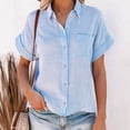 thumbnail image 2 of Fridja Lady Solid Color Cotton and Linen Shirt Short Sleeve Lapel Button Top, 2 of 9