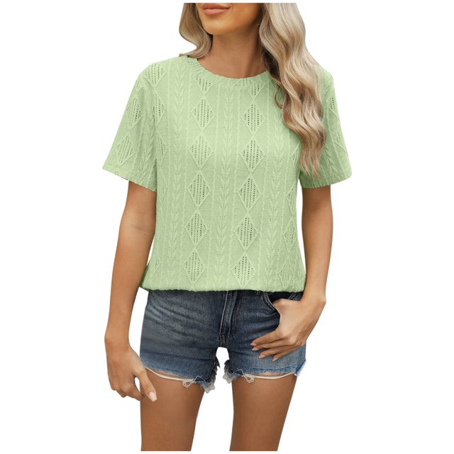 Besolor Hauts d'Été pour Femmes Décontractés Col Rond Manches Courtes Chemises Bouton Arrière Texture Crochet Tricot Blouses