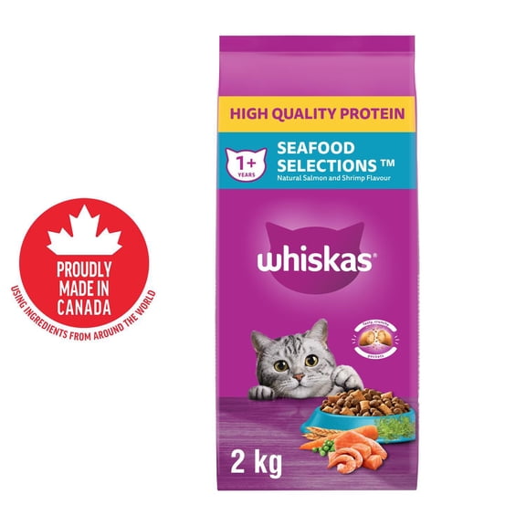 WHISKAS Adult Dry Cat Food Seafood Selections, Natural Salmon & Shrimp Flavour 2kg