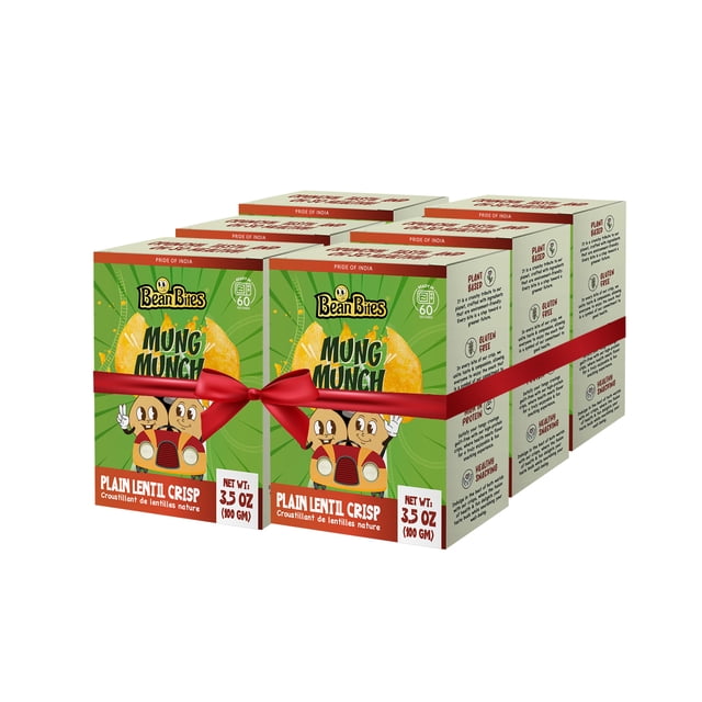 Bean Bites Mung Munch Lentil Crisp 3.53 oz (100 g) - 6 Pack by Pride of India. The image shows six boxes of plant-based vegan crackers, labeled as gluten-free, keto-friendly, and healthy snacks. Each box features a green background with cartoon characters and the product name prominently displayed. The packaging highlights nutritional benefits such as 7g protein, 5g fiber, and 12% iron per serving. A red ribbon wraps around the pack, emphasizing it as a bundled offering.