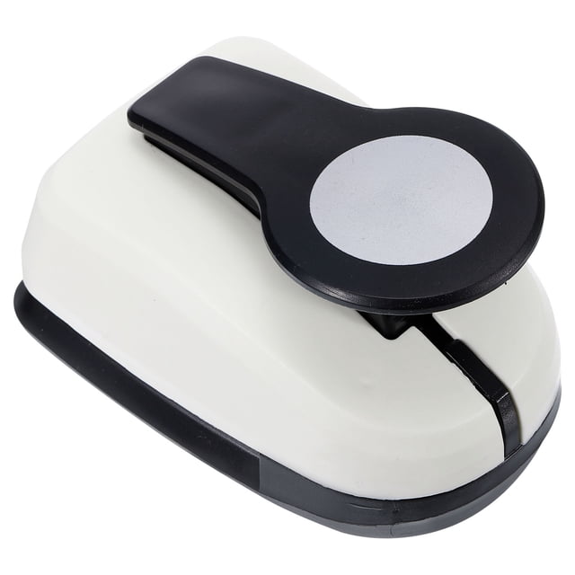 Unique Bargains 2 Inch Circle Punch, a single-hole paper puncher designed for crafting and office use. The puncher features a black and white plastic body with a metal punching mechanism, capable of creating 50mm (1.97 inch) diameter circular shapes. Suitable for plain paper, foil, and other materials up to 10mm thick. Compact size of 118 x 78 x 70mm (4.65 x 3.07 x 2.76 inches).
