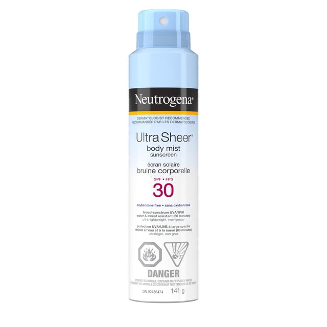 Neutrogena Ultra Sheer Body Mist Sunscreen Spray SPF 30 in a 141g light blue spray bottle with black and orange label, offering broad spectrum UVA/UVB protection and water resistance for 80 minutes. The oil-free, non-greasy, oxybenzone-free formula provides lightweight sun protection suitable for daily use.