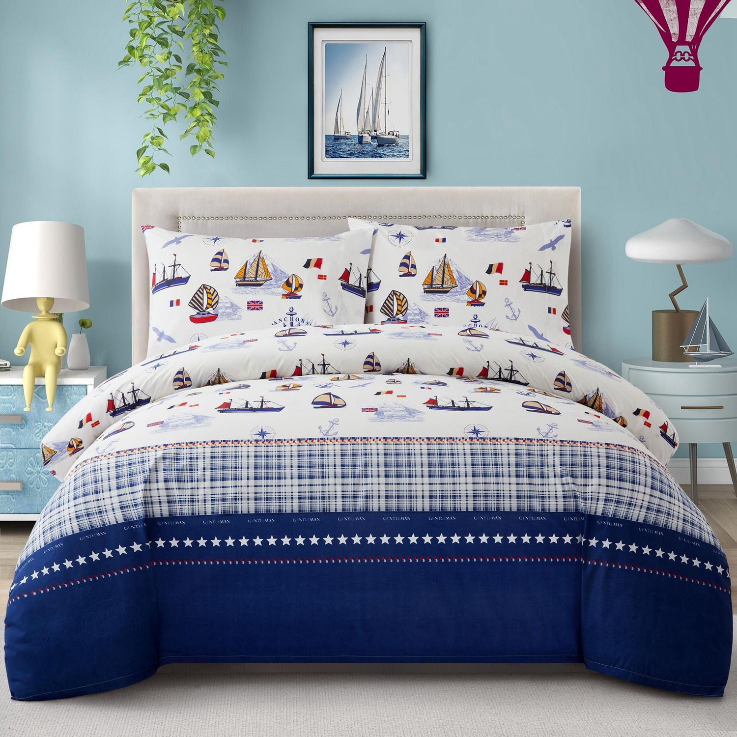 Literie en percale de coton doux 600 fils/cm², motif bateau à voile, housse de couette et drap-housse, motif marine, pour enfants et tout-petits