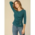 thumbnail image 4 of INSPIRE CHIC Women's Button Decor V Neck 3/4 Sleeve Solid Blouse Knitted Ruched Top, 4 of 6