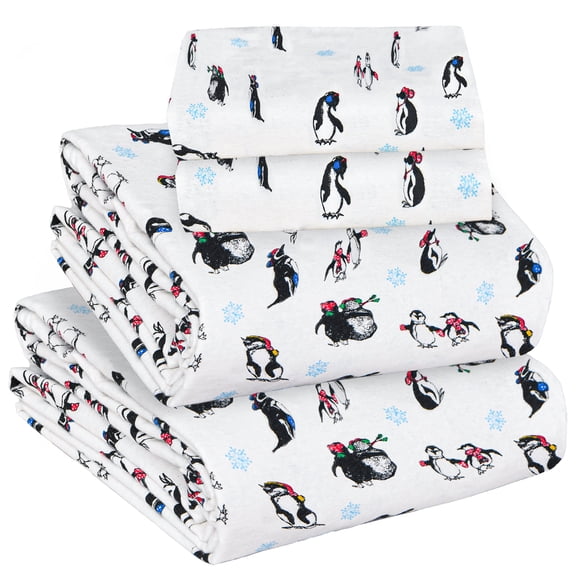 EnvioHome Flannel Sheet Set, 100% Cotton – Soft Double Brushed Flannel Sheets King - 4 Piece, Penguin