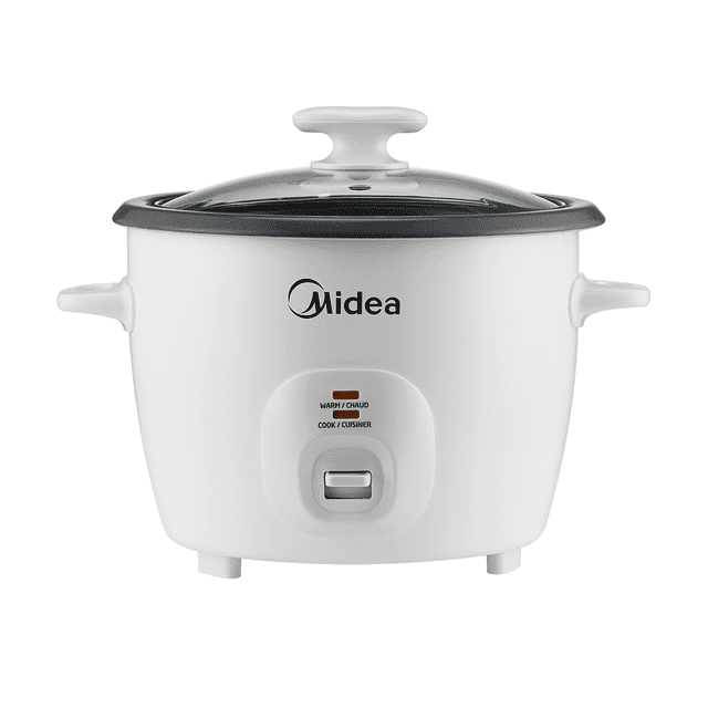 Midea 4.5 L (20 Cups Cooked) Ceramic Rice Cooker — one-touch operation, 4.5 L capacity (20 cups cooked/10 cups uncooked), PFOA-free 2mm ceramic nonstick inner pot, automatic 12-hour keep-warm; includes rice spoon, measuring cup and steamer basket and is suitable for steaming vegetables and batch meal prep.