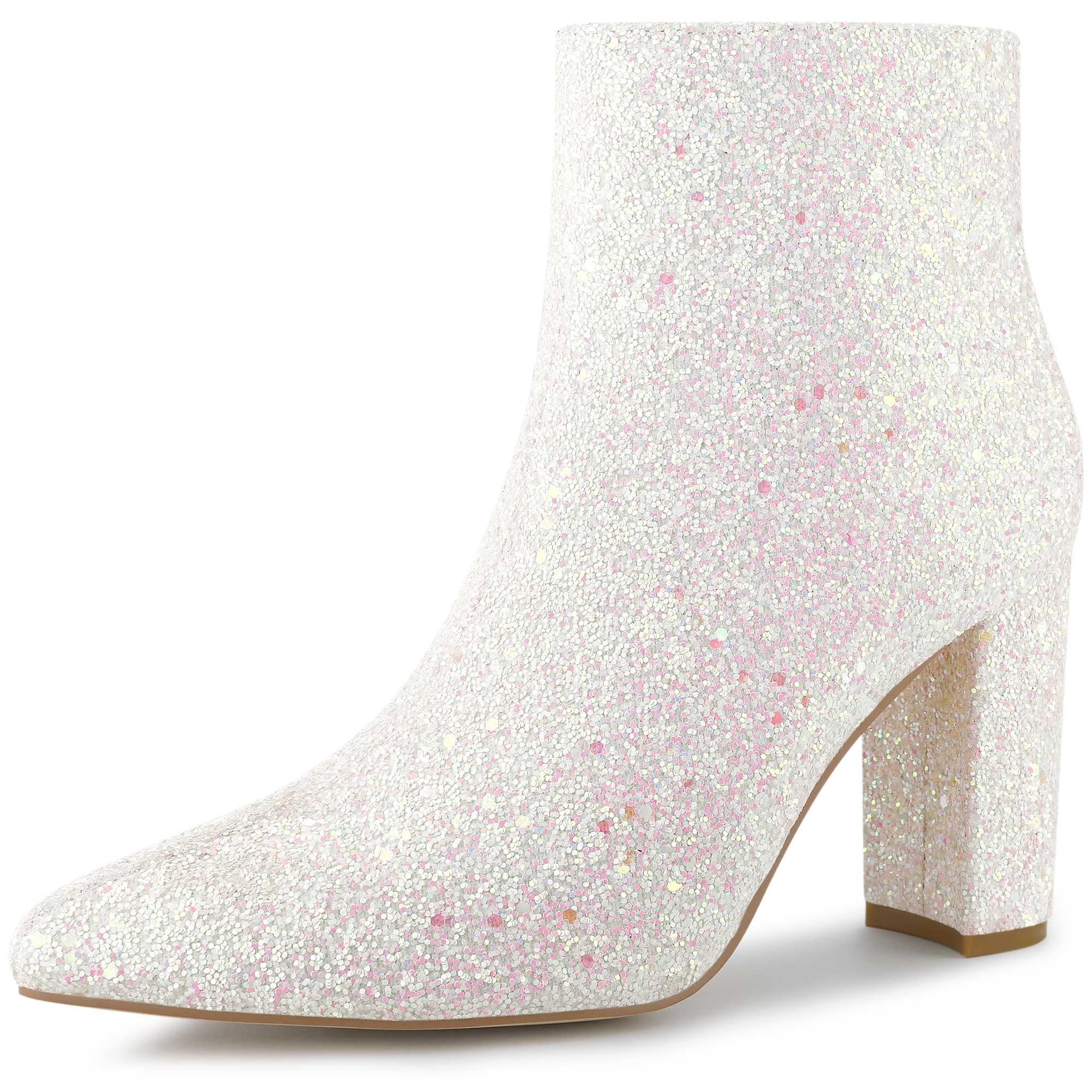 Unique Bargains Women's Glitter Pointed Toe Block Heeled Ankle Chelsea Boots