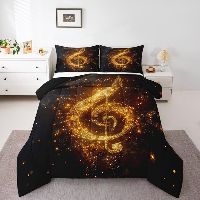 Musical Note Comforter Set Queen Size,Fashion Music Theme Starry Glitter Bedding Set 3 Pcs for Teens Adults,Romantic Neon Golden Sequins Print (Not Real) Down Comforter,2 Pillowcases