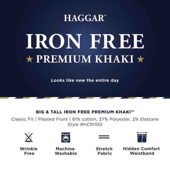 Haggar Men's B&T Iron Free Premium Khaki Classic Fit Pleat Front Expandable Waist Pant