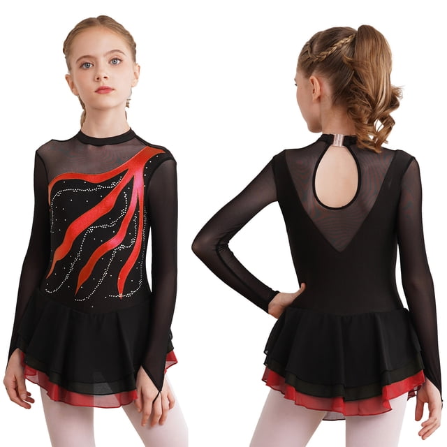 TiaoBug Robe de Patinage en Maille Élégante pour Filles avec Strass Manches Longues Danse Ballet Tutu Rouge 6