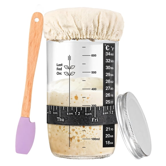 Sourdough Starter Kit, 34oz Glass Sourdough Fermentation Jar Set with Thermometers, Cloth Covers, Date Tracking Bands, Scrapers, and Lids, Sour Dough Bread Baking Supplies