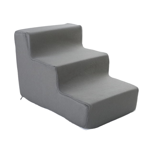 Dog Stairs Pet Steps Ramp Puppy Stairs Convenient Cat Stairs Dog Steps Removable L 3 Step Grey. Designed for easy climbing, ideal for small dogs and cats. Made of high-density sponge with durable, scratch-resistant fabric. Features anti-slip particles on the bottom and a removable, machine-washable cover. Suitable as a pet ramp or dog ladder. Dimensions: 38cm x 55cm x 40cm.