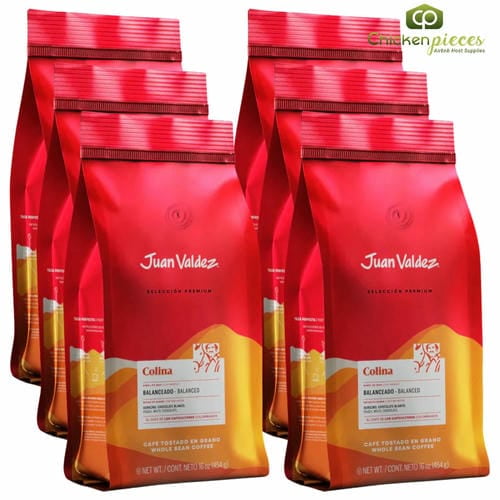 Juan Valdez Colina Café Entero Whole Bean Coffee 454g/16oz, featuring six red and gold bags of premium Colombian coffee sourced from the highlands. Roasted to perfection for smooth texture, mild acidity, and balanced flavor with peach and white chocolate notes.