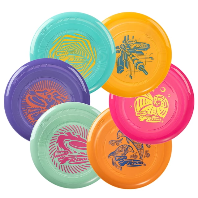 Wham-O Frisbee Go 6 Pack Flying Disc, 9 Inch Lightweight Colorful Toy Set for Beginners Outdoor Beach Park Backyard Game - 70g
