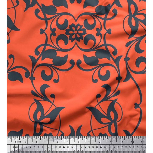Soimoi Silk Fabric Leaves & Filigree Damask Decor Fabric Printed Yard 42 Inch Wide