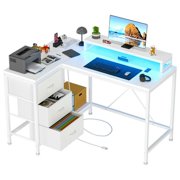 L Shaped Desk with Power Outlets & LED Lights, Computer Desk with Drawers & Shelves, Corner Desk Gaming Desk Home Office Desk,