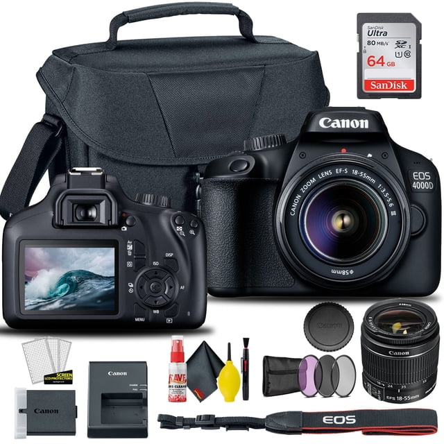Restored Canon EOS 4000D Rebel T100 DSLR Camera with 18-55mm Lens Creative Filter Set EOS Camera Bag Sandisk Ultra 64GB Card 6AVE Electronics Cleaning Set And International ModelRefurbished