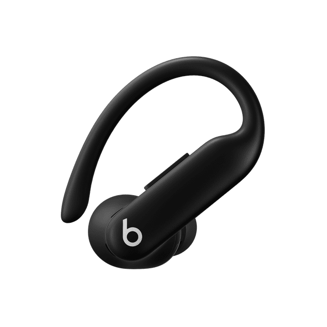 Beats Powerbeats Pro 2 high-performance earbuds in jet black, close-up front view showing the flexible secure-fit earhook and matte finish with the white Beats logo, designed for athletic use with advanced noise-cancelling, heart rate monitoring, and sweat resistance, suitable for intense workouts and everyday wear.