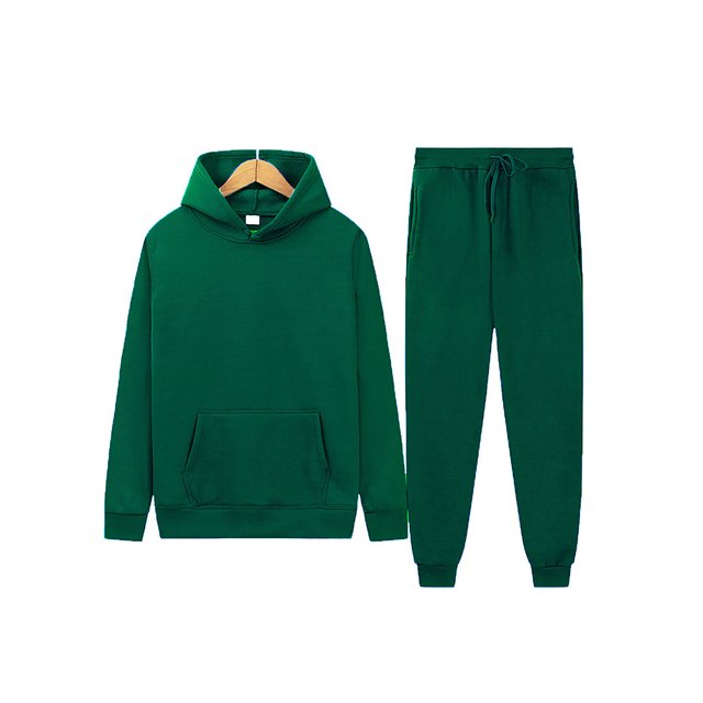 Innerwin Sweatshirts+Pant Outfits Two Pieces Men Tracksuit Set Sports 2 Pcs Fleece Jogger Sets in dark green, size L. The set includes a hooded sweatshirt with a kangaroo pocket and long sleeves, paired with drawstring sweatpants featuring beam foot cuffs and side pockets. Made of 95% polyester and 5% spandex, this solid-color loungewear is soft, breathable, and suitable for casual, sports, or daily wear during spring, autumn, and winter.