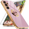 thumbnail image 1 of ORUYROP for Samsung Galaxy S24 Case with Screen Protector, Built-in 360 Rotation Ring Holder Magnetic Stand, Luxury Shiny Plating Edge Shockproof Electroplated Protective Phone Cover (Purple/G, 1 of 6