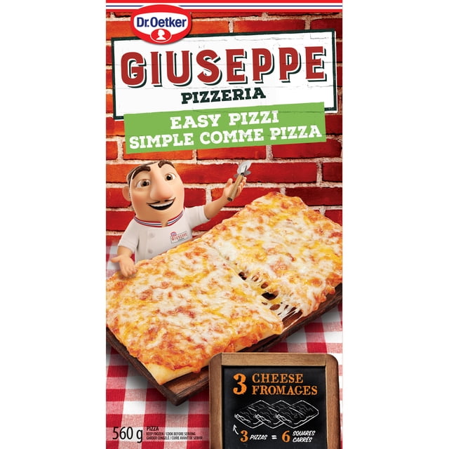 Dr. Oetker Giuseppe Pizzeria Easy Pizzi 3 Fromages Mini Pizza, 560 g Collation Rectangulaire Surgelée Prête pour le Four avec sauce Tomate Inspirée de la Pizzeria et Fromage mozzarella Fondu, cheddar et Monterey Jack. Cuire 425 °F (220 °C) 10–12 min. Végétarien; Souvent Utilisé comme Entrée Rapide pour Fête.