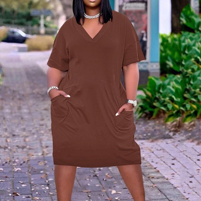 BEFOKA Robe pour Femme Grande Taille, Liquidation de Robes d'Été pour Femmes, Robe Unie Grande Taille à Manches Courtes et Col avec Poches pour Femme
