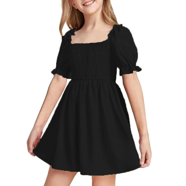 LUOGENLI Dress Summer Girls Chiffon Ruffle Mini Dress Square Neck Short Sleeve Solid A Line Dress Dress for Girls Midi Length with Pockets Black 3-4 Years
