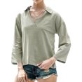 thumbnail image 1 of Women Pocket Long Sleeve Stand Collar V Neck Solid Color Shirt, 1 of 7